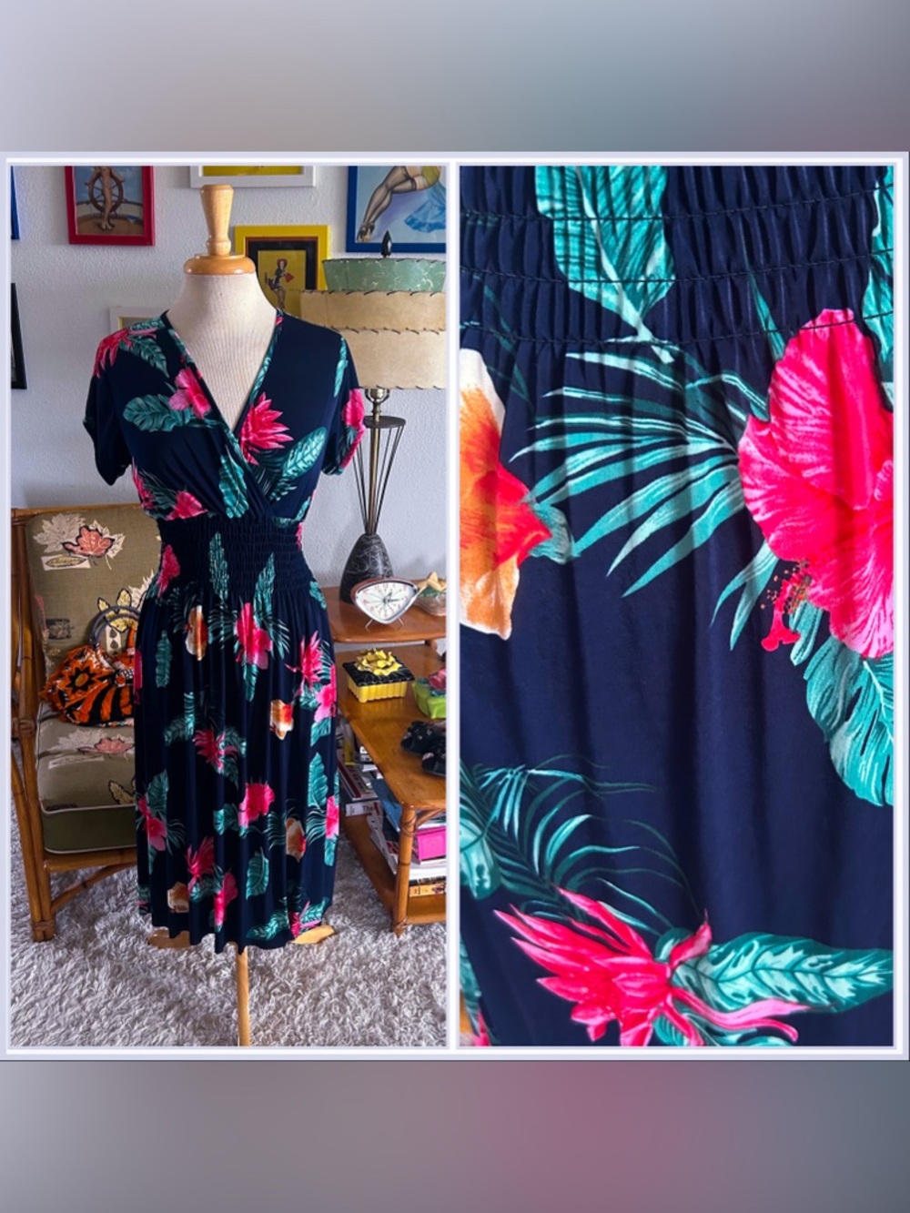 Retro Dress | Tropical Floral Print | Navy Blue Multi | M L | Pinup | Resort